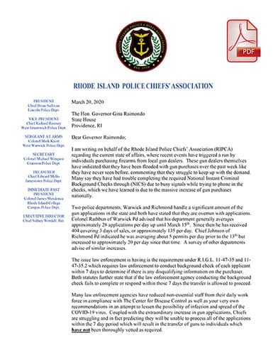 RI Police Chiefs Assoc. Letter on Gun Sales Spike COVID-19 - March 2020